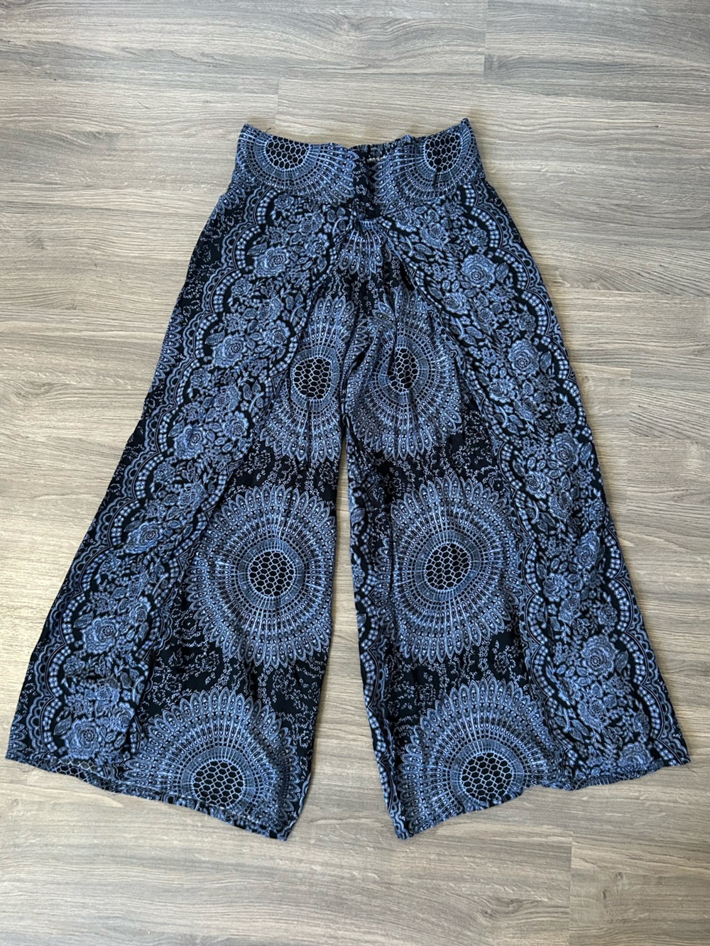 Blue and Black Boho Hippie Floral Mandala Print Wide-Leg Flowy Cover Up Pants